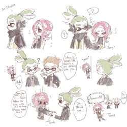 Rule 34 | 1girl, 2boys, ?, agent 3 (splatoon), agent 8 (splatoon), black jacket, blonde hair, blush, english text, flying sweatdrops, full-face blush, green hair, grey eyes, headgear, high-visibility vest, highres, inkling, inkling boy, inkling player character, jacket, letter, long sleeves, love letter, miniskirt, multiple boys, necktie, nervous, nintendo, octoling, octoling girl, octoling player character, open clothes, open jacket, pink hair, pleated skirt, pointy ears, ponytail, red necktie, school uniform, simple background, skirt, speech bubble, splatoon (series), splatoon 2, splatoon 2: octo expansion, spoken question mark, suction cups, sweater vest, tentacle hair, thenintlichen96, white background, yellow eyes