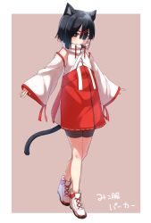 Rule 34 | 1girl, :o, animal ears, black hair, black shorts, blush, boots, brown background, cat ears, cat girl, cat tail, commentary request, detached sleeves, hair between eyes, hair ornament, hairclip, highres, long sleeves, looking at viewer, minowa sukyaru, nontraditional miko, original, parted lips, red eyes, red skirt, short shorts, shorts, shorts under skirt, skirt, sleeveless, sleeves past wrists, solo, tail, translation request, two-tone background, white background, white footwear, wide sleeves
