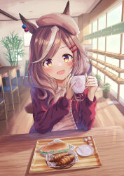 Rule 34 | alternate costume, animal ears, blue hat, blush, cafe, casual, chair, collarbone, commentary request, cup, dating, ears through headwear, food, hat, highres, horse ears, horse girl, looking at viewer, matikane tannhauser (umamusume), medium hair, murasaki himuro, plate, pov, sandwich, sitting, table, tray, umamusume, yellow eyes
