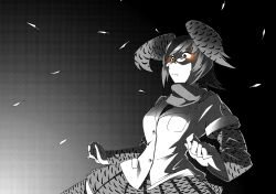 Rule 34 | 10s, 1girl, animal ears, blouse, campo flicker (kemono friends), closed mouth, commentary, feathers, frown, glasses, greyscale, halftone, head wings, kaya (nari1-24), kemono friends, layered sleeves, long sleeves, looking to the side, medium skirt, monochrome, pince-nez, pleated skirt, red eyes, scarf, shirt, short hair, short over long sleeves, short sleeves, skirt, solo, spot color, standing, upper body, wide sleeves, wings