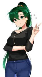 Rule 34 | 1girl, alternate costume, asymmetrical bangs, breasts, collarbone, contemporary, cowboy shot, denim, earbuds, earphones, earrings, fire emblem, fire emblem: the blazing blade, green eyes, green hair, highres, jeans, jewelry, long hair, long sleeves, looking at viewer, lyn (fire emblem), medium breasts, nintendo, ormille, pants, ponytail, shirt, simple background, smile, solo, v, white background