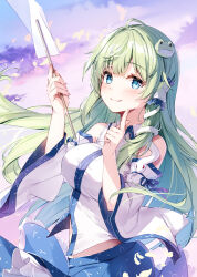 Rule 34 | 1girl, bare shoulders, blue eyes, blue skirt, blush, breasts, closed mouth, detached sleeves, frilled skirt, frills, frog hair ornament, gohei, green hair, hair ornament, hair tubes, holding, holding gohei, japanese clothes, kochiya sanae, large breasts, long hair, miyase mahiro, nontraditional miko, skirt, smile, snake hair ornament, solo, touhou, white sleeves, wide sleeves