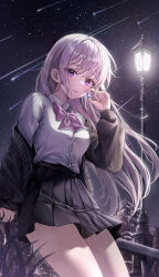 Rule 34 | 1girl, absurdres, arin7020, black cardigan, black skirt, blush, bow, bowtie, breast pocket, building, cardigan, city, collared shirt, commentary request, highres, holding, lamppost, light purple hair, long hair, long sleeves, looking at viewer, night, night sky, original, outdoors, parted lips, pocket, purple bow, purple bowtie, purple eyes, school uniform, shirt, skirt, sky, smile, solo, star (sky), starry sky, white shirt