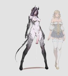 1futa 1girl absurdres animal_penis bad_link bare_shoulders blonde_hair breasts choker collarbone completely_nude corset demon demon_girl demon_horns demon_tail dripping futanari grey_background hair_ribbon highres hooves horns horse_penis large_penis legs_apart long_hair looking_at_viewer looking_to_the_side medium_breasts navel nipples nude original penis precum precum_string puffy_sleeves purple_hair ribbon ribbon_choker simple_background sketch skirt standing tail tarakanovich tattoo thighhighs tongue tongue_out white_thighhighs wide_stance