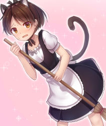 Rule 34 | 10s, 1girl, alternate costume, animal ears, apron, broom, brown eyes, brown hair, cat ears, cat tail, holding, holding broom, kantai collection, maid, maid apron, minarai shachou, open mouth, pink background, ponytail, puffy short sleeves, puffy sleeves, shikinami (kancolle), short hair, short sleeves, solo, sparkle background, tail