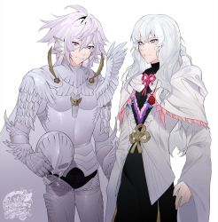 Rule 34 | 2boys, absurdres, alternate costume, armor, artist name, behelit, berserk, blue eyes, cape, closed mouth, cosplay, costume switch, crossover, facing viewer, fate/grand order, fate (series), griffith (berserk), helmet, highres, holding, holding helmet, jewelry, long hair, long sleeves, looking at viewer, lunethary, merlin (fate), multiple boys, necklace, purple eyes, robe, shoulder armor, signature, simple background, white background, white cape, white hair, white robe