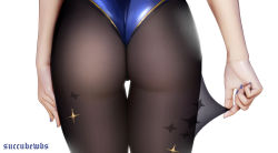 Rule 34 | 1girl, absurdres, artist name, ass, ass focus, black pantyhose, close-up, fine fabric emphasis, from behind, genshin impact, head out of frame, highres, leotard, lower body, mona (genshin impact), pantyhose, purple leotard, shiny clothes, solo, star (symbol), star print, succubewbs, thigh gap, thighs, white background
