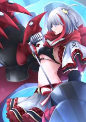 Rule 34 | 1girl, absurdres, admiral graf spee (azur lane), admiral graf spee (world&#039;s cutest) (azur lane), admiral graf spee (world&#039;s cutest) (azur lane), azur lane, blue eyes, breasts, claws, clothing cutout, fins, fish tail, highres, idol, looking to the side, mechanical arms, mechanical hands, microphone, midriff, miniskirt, multicolored hair, music, osatou (soul of sugar), red scarf, scarf, shark tail, short hair, singing, skirt, small breasts, solo, streaked hair, tail, underboob cutout, white hair
