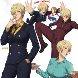 Rule 34 | 1boy, 1girl, ;), artist name, blonde hair, boned meat, breikka, buttons, cigarette, closed mouth, collared shirt, fighting stance, food, formal, furrowed brow, genderswap, genderswap (ftm), genderswap (mtf), gloves, hair over one eye, hand in pocket, hand up, hands up, heart, heart-shaped pupils, hetero, holding, holding cigarette, holding plate, jacket, jumping, lips, long bangs, long sleeves, looking at viewer, looking to the side, meat, multiple views, nami (one piece), necktie, one eye closed, one piece, open mouth, orange hair, outstretched arms, outstretched hand, pants, plate, pocket, sanji (one piece), shirt, short hair, smile, smoking, spread fingers, standing, suit, suit jacket, symbol-shaped pupils, tomboy, v-shaped eyebrows, wing collar