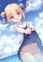 1girl blonde_hair blue_neckerchief blue_shirt blue_sky blush bow clothes_lift cloud cloudy_sky comiket_104 cropped_shirt hair_bow hair_bun hair_ornament highres lifting_own_clothes looking_at_viewer miyasaka_miyu neckerchief ocean original outdoors panties red_eyes sailor_collar shirt skirt skirt_lift sky solo underwear wading wet wet_clothes white_sailor_collar