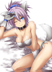 Rule 34 | 10s, 1girl, alternate costume, animal ears, aoba (kancolle), bare shoulders, blue eyes, blush, breasts, collar, kantai collection, kuromayu, large breasts, loincloth, looking at viewer, one eye closed, purple hair, shiny skin, smile, solo, tail, wolf ears, wolf tail