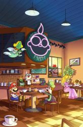 Rule 34 | 1girl, 3boys, ^^^, absurdres, blonde hair, bowser, brown hair, cafe, chalkboard, character request, coffee, crown, crying, cup, disposable cup, drawing (object), dress, facial hair, hat, highres, indoors, lab coat, liz anna mae, luigi, mario, mario &amp; luigi: superstar saga, mario &amp; luigi rpg, mario (series), multiple boys, mustache, neon lights, nintendo, open mouth, overalls, plant, popple, portrait (object), poster, potted plant, prince peasley, princess peach, professor elvin gadd, queen bean, sitting, smile, starbeans employee, sunglasses, sweatdrop, table, toadsworth, wanted, window