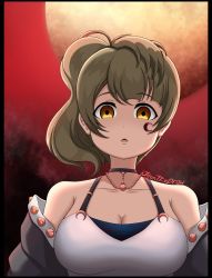 Rule 34 | 1girl, artist name, bare shoulders, breasts, brown hair, cleavage, empty eyes, female focus, grey hair, highres, jeantfydraw, large breasts, long hair, looking at viewer, love live!, love live! school idol project, minami kotori, parted lips, side ponytail, solo