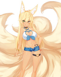 Rule 34 | 1girl, :q, absurdres, ahoge, animal ears, bare shoulders, bell, bikini tan, black choker, blonde hair, bracelet, breasts, choker, cleavage cutout, clothing cutout, commission, facial mark, fox ears, fox tail, green eyes, hair between eyes, hand on own hip, heart, heart tattoo, heterochromia, highres, jewelry, jingle bell, jjickjjicke, kitsune, kyuubi, large breasts, long hair, looking at viewer, micro shorts, multiple tails, navel, neck bell, original, shorts, simple background, solo, stomach, tail, tan, tanline, tattoo, thigh strap, tongue, tongue out, unbuttoned, v-shaped eyebrows, very long hair, whisker markings, white background, yellow eyes