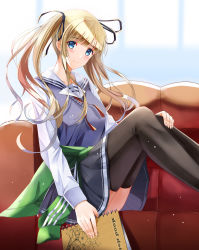 Rule 34 | 1girl, black ribbon, black skirt, black thighhighs, blonde hair, blue eyes, blue sweater, clothes around waist, collarbone, couch, fang, fang out, floating hair, from side, green sweater, hair ribbon, hand on leg, highres, holding, indoors, long hair, looking at viewer, nicky w, pleated skirt, ribbon, saenai heroine no sodatekata, sawamura spencer eriri, school uniform, shirt, sitting, skirt, smile, solo, sweater, thighhighs, twintails, white shirt