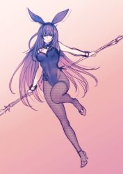 Rule 34 | animal ears, detached collar, fake animal ears, fate/grand order, fate (series), fishnet pantyhose, fishnets, high heels, holding, holding polearm, holding spear, holding weapon, leotard, official alternate costume, pantyhose, playboy bunny, polearm, rabbit ears, scathach (fate), scathach (piercing bunny) (fate), shoukaki (earthean), solo, spear, strapless, strapless leotard, weapon, wrist cuffs