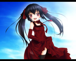 Rule 34 | 1girl, black hair, clothes lift, detached sleeves, dress, dress lift, jyuru, kooh, pangya, red eyes, solo, thighhighs, twintails