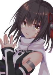 Rule 34 | 10s, 1girl, brown eyes, brown hair, elbow gloves, fingerless gloves, gloves, hair ornament, jewelry, kantai collection, looking at viewer, open mouth, own hands together, ring, sailor collar, scarf, sendai (kancolle), sendai kai ni (kancolle), short hair, simple background, takanashi haruto, tears, upper body, wedding band