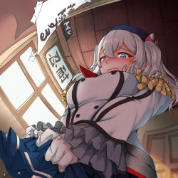 Rule 34 | 1girl, beret, blue eyes, buttons, epaulettes, frilled sleeves, frills, gloves, hat, indoors, jacket, kantai collection, kashima (kancolle), long sleeves, neckerchief, pleated skirt, red neckerchief, silver hair, skirt, solo, tearing up, twintails, uniform, wavy hair, white gloves, white jacket, zuoteng lucha
