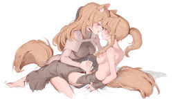 Rule 34 | 2girls, after kiss, animal ears, arknights, aunt and niece, bdsm, breasts, cum, female pubic hair, futa with female, futanari, green eyes, handjob, highres, horse ears, horse girl, horse tail, implied kiss, incest, multiple girls, nearl (arknights), nipples, penis, pubic hair, restrained, saliva, saliva trail, simple background, tail, trembling, uncensored, whislash (arknights), white background, ying (suetmo)