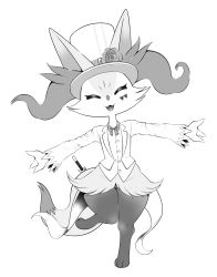 Rule 34 | 1girl, :3, animal ear fluff, animal ears, animal nose, bad id, bad pixiv id, borrowed character, bow, bowtie, box (hajimeyou654), braixen, closed eyes, coattails, creatures (company), digitigrade, dress shirt, facepaint, fangs, flower, fox ears, frilled sleeves, frills, full body, furry, furry female, game freak, gen 6 pokemon, greyscale, hat, hat belt, hat flower, highres, jacket, monochrome, nintendo, open mouth, outstretched arms, pokemon, pokemon (creature), shirt, simple background, smile, solo, standing, thick thighs, thighs, top hat, wand, white background, wide hips
