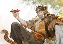 Rule 34 | 1boy, alcohol, arknights, bird, chinese commentary, fang, furry, furry male, headband, highres, huai tianpei (arknights), linke, long hair, male focus, sitting, smile, tiger boy, tree, white background, yellow eyes, yellow headband