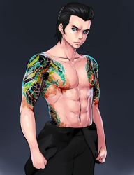 Rule 34 | 1boy, abs, black background, black hair, black pants, blue eyes, clenched hands, copyright request, cowboy shot, erkaz, gradient background, hair slicked back, highres, irezumi, looking at viewer, male focus, muscular, muscular male, navel, pants, pectorals, short hair, solo, tattoo, topless male