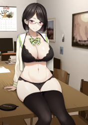 Rule 34 | 1girl, 2020, black bra, black hair, black panties, black pantyhose, blush, bob cut, book, book stack, bow, bowtie, bra, breasts, calendar (object), cleavage, closed mouth, clothes pull, collarbone, commentary request, diisuke, glasses, green bow, green bowtie, hair ornament, hairclip, indoors, lace, lace-trimmed bra, lace-trimmed panties, lace trim, large breasts, long sleeves, monitor, navel, nijisanji, on table, open clothes, open shirt, painting (object), panties, pantyhose, pantyhose pull, plaid, plaid bow, red eyes, sailor collar, seto miyako, shirt, short hair, sitting, smile, solo, stomach, swept bangs, table, underwear, viewfinder, virtual youtuber, white-framed eyewear, white sailor collar, white shirt
