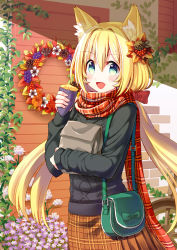 Rule 34 | 1girl, :d, animal ear fluff, animal ears, autumn, bag, black sweater, blonde hair, blush, bow, brown skirt, cat ears, coconat summer, commentary, fang, flower, flower wreath, food, green eyes, hair bow, hair intakes, hair ornament, highres, holding, holding food, leaf hair ornament, long hair, long sleeves, looking at viewer, open mouth, original, paper bag, plaid, plaid scarf, plaid skirt, plant, red bow, red scarf, roasted sweet potato, scarf, ship&#039;s wheel, shoulder bag, skirt, smile, solo, sweater, sweet potato, twintails, vines