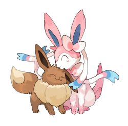 Rule 34 | :3, blush stickers, brown fur, closed mouth, commentary request, creatures (company), eevee, closed eyes, game freak, gen 1 pokemon, gen 6 pokemon, newo (shinra-p), nintendo, no humans, outline, pokemon, pokemon (creature), simple background, smile, standing, sylveon, white background