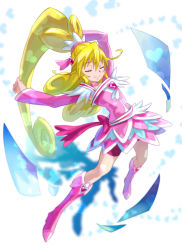 Rule 34 | 1girl, aida mana, arms up, big hair, blonde hair, blush, boots, bow, brooch, choker, closed eyes, cure heart, curly hair, dokidoki! precure, hair ornament, half updo, heart, heart brooch, kaineri, knee boots, long hair, magical girl, pink bow, pink footwear, ponytail, precure, skirt, smile, solo