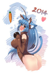 Rule 34 | 10s, 1girl, 2014, animal ears, ass, bare shoulders, blue hair, blush, breasts, butter-t, carrot, cat ears, cat tail, embarrassed, fake animal ears, flying sweatdrops, headband, heart, hooves, horse ears, horse girl, large breasts, long hair, open mouth, original, red eyes, solo, tail