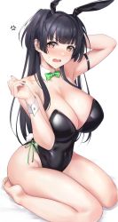 Rule 34 | 1girl, absurdres, anger vein, animal ears, arm behind head, arm strap, arm up, bare legs, barefoot, black hair, black leotard, black nails, bow, bowtie, breasts, brown eyes, covered navel, detached collar, fake animal ears, furrowed brow, green bow, green bowtie, hand up, highres, idolmaster, idolmaster shiny colors, large breasts, leotard, long hair, mayuzumi fuyuko, nail polish, playboy bunny, rabbit ears, rabbit tail, sateridas, seiza, sitting, solo, spoken anger vein, sweatdrop, tail, thighs, two side up, v-shaped eyebrows, wrist cuffs