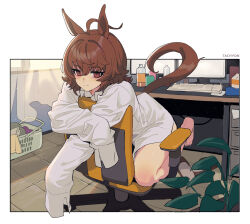 Rule 34 | 1girl, absurdres, agnes tachyon (umamusume), ahoge, animal ears, barefoot, bottle, brown eyes, brown hair, closed mouth, coat, empty eyes, hair between eyes, highres, horse ears, horse girl, horse tail, keyboard (computer), lab coat, monitor, on chair, sarcophage, short hair, sleeves past fingers, sleeves past wrists, smile, solo, tail, umamusume, white coat