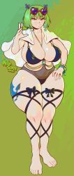 Rule 34 | 1girl, absurdres, bikini, brandish mew, breasts, cape, cleavage, collarbone, earrings, fairy tail, full body, green eyes, green hair, highres, jewelry, large breasts, leg tattoo, matching hair/eyes, modeseven, navel, short hair, smile, solo, standing, swimsuit, tattoo, thick thighs, thighs, wide hips