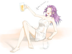 Rule 34 | 10s, 1girl, :d, alcohol, bare shoulders, barefoot, beer, beer mug, blush, closed eyes, crossed legs, cup, highres, jun&#039;you (kancolle), kantai collection, long hair, mikuru ism, mug, naked towel, open mouth, purple hair, sitting, smile, solo, towel, translation request