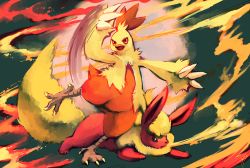 Rule 34 | absurdres, bad deviantart id, bad id, blue eyes, breath weapon, breathing fire, combusken, commentary, creature, creatures (company), fire, flareon, full body, game freak, gen 1 pokemon, gen 3 pokemon, glitchedpuppet, highres, huge filesize, looking at viewer, looking away, nintendo, no humans, orange eyes, pokemon, pokemon (creature), pokemon move, pyrokinesis, signature, standing, standing on one leg