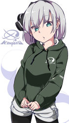 Rule 34 | 1girl, alternate costume, black hairband, black pantyhose, black ribbon, commentary request, contemporary, contrapposto, cowboy shot, drawstring, gokuu (acoloredpencil), green eyes, green hoodie, grey hair, grey shorts, hair ribbon, hairband, highres, hood, hood down, hoodie, konpaku youmu, konpaku youmu (ghost), long sleeves, looking at viewer, pantyhose, pantyhose under shorts, ribbon, short hair, short shorts, shorts, solo, touhou, white background, white shorts