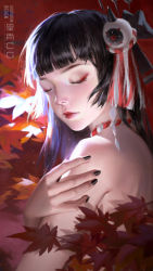 Rule 34 | 1girl, absurdres, black hair, black nails, blunt bangs, character request, closed eyes, closed mouth, dorothyshan, eyeliner, from side, hair ornament, hand on own arm, highres, hime cut, leaf, light particles, long hair, makeup, maple leaf, nail polish, nude, onmyoji, orb, realistic, red lips, red theme, self hug, shide, sidelocks, solo, straight hair, tassel, tassel hair ornament, upper body