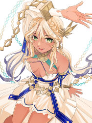 Rule 34 | 1girl, absurdres, andromeda (fate), andromeda (first ascension) (fate), armlet, bare shoulders, belly chain, blonde hair, braid, breasts, chain, collar, crown braid, cuffs, dark-skinned female, dark skin, detached sleeves, dress, fate/grand order, fate (series), gold choker, green eyes, hair ornament, highres, jaws, jewelry, large breasts, long hair, low twintails, megane 229, metal collar, multicolored hair, shackles, smile, solo, twintails, two-tone hair, yellow wrist cuffs