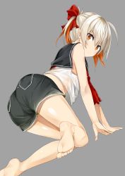 1girl ass barefoot blush bow female_focus hair_bow kavka kneeling looking_at_viewer orange_eyes orange_hair original red_bow short_hair shorts silver_hair solo