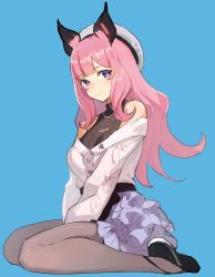 Rule 34 | 1girl, animal ears, animare, bare shoulders, bat ears, black footwear, blue background, blunt bangs, blush, breasts, buttons, commentary, full body, hat, heart, highres, jewelry, large breasts, long hair, long sleeves, looking at viewer, medium breasts, nanashi inc., necklace, pantyhose, pink hair, purple eyes, purple skirt, seinen, shoes, simple background, sitting, skirt, smile, solo, sweater, umori hinako, virtual youtuber, white hat, white sweater