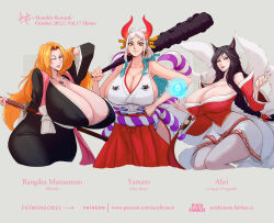 Rule 34 | 2022, 3girls, acrylictoon, ahri (league of legends), animal ears, bare shoulders, black dress, black kimono, bleach, breasts, cleavage, club, club (weapon), curvy, dress, english text, eyelashes, female focus, fox ears, fox girl, fox tail, gigantic breasts, grey background, grey eyes, highres, hip vent, holding, holding club, holding weapon, horns, huge breasts, japanese clothes, kanabou, kimono, league of legends, long hair, looking at viewer, magic, matsumoto rangiku, miko, mole, mole under mouth, multiple girls, multiple tails, one eye closed, one piece, orange hair, over shoulder, ponytail, red horns, shiny skin, skin tight, slit pupils, smile, standing, sword, tail, thick thighs, thighs, weapon, weapon over shoulder, white hair, wide hips, wink, yamato (one piece), yellow eyes