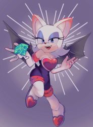 Rule 34 | 1girl, aqua eyes, bare shoulders, bat girl, bat wings, black bodysuit, black wings, bodysuit, boots, breasts, bunbuffet, chaos emerald, cleavage, elbow gloves, eyelashes, fang, full body, furry, furry female, gem, gloves, heart, highres, open mouth, rouge the bat, solo, sonic (series), white footwear, white fur, wings