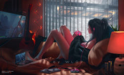 Rule 34 | 1girl, acoustic guitar, artist name, barefoot, bed, black hair, breasts, computer, controller, earphones, from side, game controller, guitar, highres, indoors, instrument, laptop, leg tattoo, long hair, lying, medium breasts, original, pillow, ponytail, solo, tank top, tattoo, watermark, web address, window, wlop
