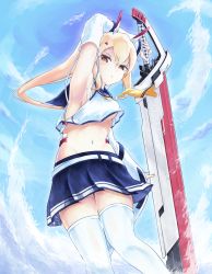 Rule 34 | 1girl, arm up, armpits, ascot, ayanami (azur lane), azur lane, belt, blue skirt, blue sky, cloud, cloudy sky, collarbone, commentary request, detached sleeves, greatsword, hair between eyes, hair ornament, hairclip, headgear, highres, holding, holding sword, holding weapon, long hair, looking at viewer, midriff, navel, orange eyes, parted lips, pleated skirt, ponytail, retrofit (azur lane), ribbon-trimmed sleeves, ribbon trim, school uniform, serafuku, sidelocks, silver hair, skirt, sky, solo, sword, thighhighs, twisted torso, umiya mizuki, v-shaped eyebrows, weapon, white thighhighs, wide sleeves, zettai ryouiki
