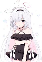 Rule 34 | 1girl, bare shoulders, black choker, black dress, black hairband, blue archive, blush, bow, bow hairband, braid, casual one-piece swimsuit, choker, closed mouth, collarbone, commentary request, dress, frills, grey eyes, hair over one eye, hairband, halo, halterneck, highres, holding own arm, kokoshira 0510, long hair, looking down, multicolored hair, off-shoulder one-piece swimsuit, off shoulder, one-piece swimsuit, pink hair, plana (blue archive), ribbon, single braid, solo, swimsuit, very long hair, white background, white bow, white hair, white ribbon