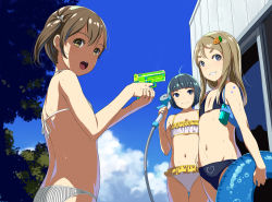 Rule 34 | 3girls, ahoge, back, bare shoulders, bikini, black bikini, blue eyes, blue hair, blue sky, bob cut, brown eyes, brown hair, carrot hair ornament, child, closed mouth, cloud, cloudy sky, collarbone, commentary request, day, food-themed hair ornament, frilled bikini, frills, hair ornament, hair ribbon, highres, holding, hose, innertube, long hair, looking at viewer, multiple girls, navel, open mouth, original, outdoors, ribbon, short twintails, sky, smile, sody, standing, striped bikini, striped clothes, swim ring, swimsuit, twintails, vertical-striped bikini, vertical-striped clothes, water gun, wet