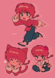 Rule 34 | angry, animal ears, blue eyes, blush stickers, braid, braided ponytail, breasts, cat ears, cat tail, highres, medium breasts, menma (enaic31), open mouth, p-chan, pink background, ranma-chan, ranma 1/2, red hair, tail, teeth, tongue, tongue out, topless, twitter username