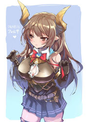 Rule 34 | 10s, 1girl, armor, bare shoulders, belt, blush, bow, bowtie, breastplate, breasts, broken armor, brown eyes, brown hair, bursting breasts, ceda (dace), cleavage, closed mouth, draph, elbow gloves, forte (shingeki no bahamut), gloves, granblue fantasy, highres, horns, large breasts, long hair, miniskirt, open clothes, open shirt, pleated skirt, pointy ears, shingeki no bahamut, shirt, skirt, solo, thighhighs, zettai ryouiki